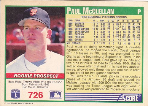 Paul McClellan #726 - Giants 1991 Score Baseball Trading Card