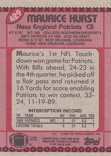 Maurice Hurst #429 - Patriots 1990 Topps Rookie Football Trading Card