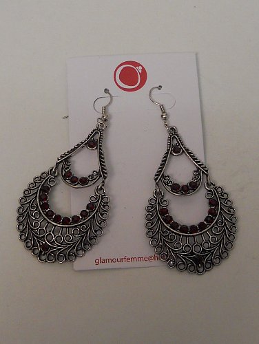 Women Fashion Drop Dangle Earrings Silver Tones Red Rhinestones Unbranded Hook