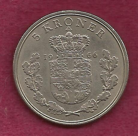 DENMARK Crown 5 Kroner 1966 Coin - "Frederik IX"