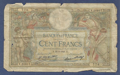 FRANCE 100 (CENT) Francs 1928 Banknote Y20917 - Signature: Le Caissier Principal
