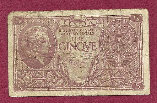 ITALY 5 lire 1944 Banknote 337864 - Historic WWII Currency!