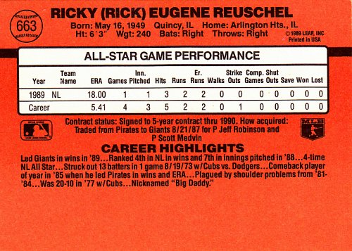 Ricky Reuschel #663 - Giants 1990 Donruss Baseball Trading Card