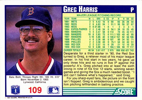 Greg Harris #109 - Red Sox 1991 Score Baseball Trading Card