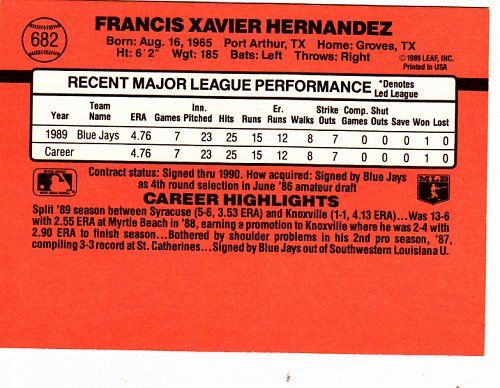 Xavier Hernandez #682 - Blue Jays 1990 Donruss Baseball Trading Card