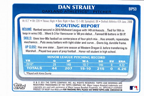 Dan Straily #BP53 - Athletics 2011 Bowman Auto Baseball Trading Card