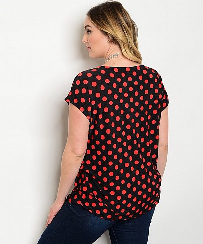 PLUS SIZE 1XL 2XL 3XL Women Knit Top Black Red Polka Dot MOA Scoop Neck Puckered