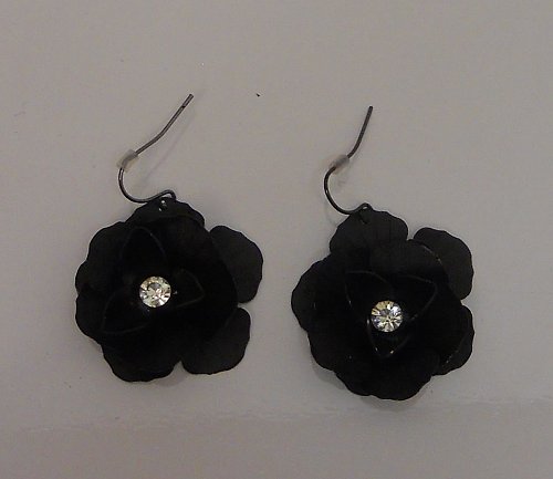 Women Earrings Fashion Drop Dangle Metal Black Flowers Rhinestones Hook Fastener