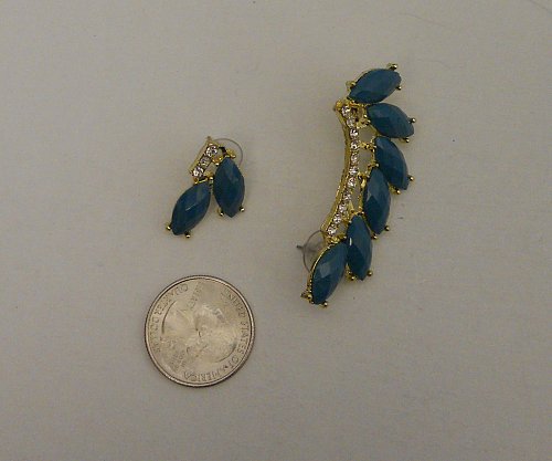 Womens Fashion Earrings Climber Set Teal Rhinestone HAPPY GIRLS Push Backs Clip