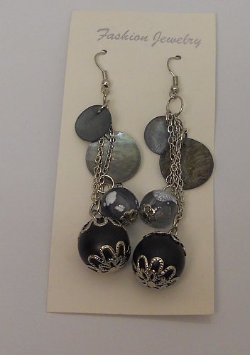 Women Earrings Black Beads Chains Silver Tones Hook Fastener Fashion Drop Dangle