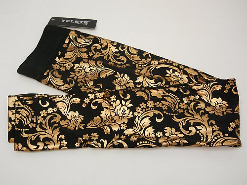 Women Leggings ONE SIZE Black Paisley Gold Foil Skinny Leg Inseam 30 YELETE