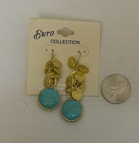 Women Fashion Drop Dangle Earrings Gold Turquoise Tones EURO COLLECTION Hook