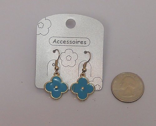 Women Earrings Fashion Drop Dangle Blue Flowers Silver Tones Hook Fasteners