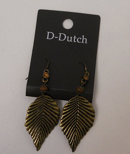 Women Fashion Drop Dangle Leaf Earrings Brassy Gold Tones Rhinestones D-DUTCH