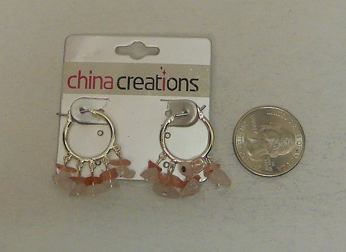 Women Fashion Hoop Earrings Silver Tones Pink Beads CHINA CREATIONS Leverback