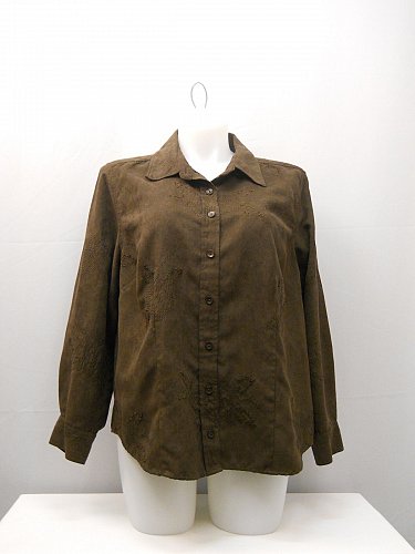 Plus Size 2X Collar Shirt NORTON MCNAUGHTON Brown Faux Suede Beaded Long Sleeves