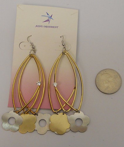 Women Fashion Drop Dangle Earrings Triple Loop Flowers Rhinestones Gold Tones