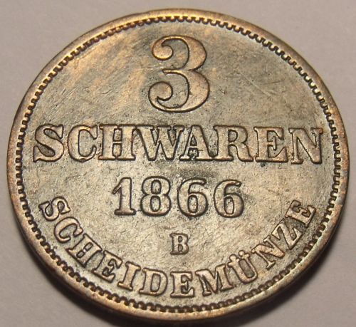 Oldenburg 1866-B 3 Schwaren~Rare Only 36,000 Minted~Free Shipping