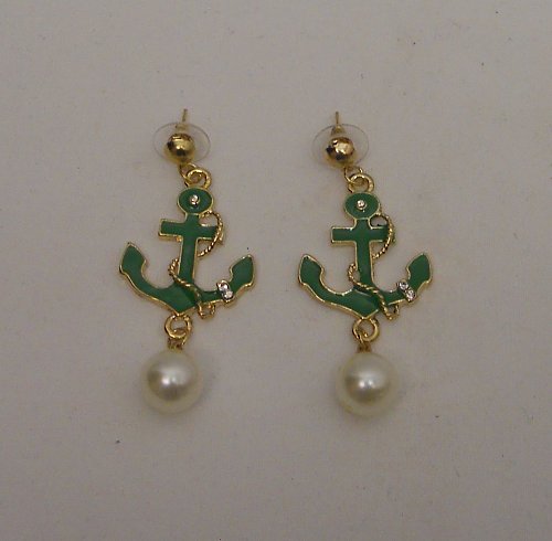 Womens Earrings Gold Green Anchors Fashion Rhinestones Drop Dangle MDL Push Back