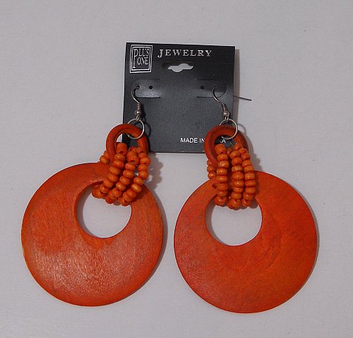 Women Fashion Earrings Drop Dangle Orange Wooden Rings PLUS ONE JEWELRY Hook