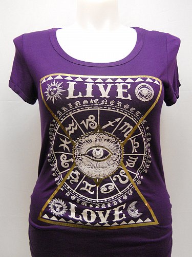 SIZE 1X Women Knit Top LIBIAN Purple Graphic Front LIVE LOVE Short Sleeve Ruched