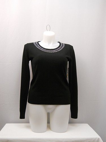 Womens Sweater Size M Debbie Morgan Black Jeweled Scoop Neck Long Sleeves