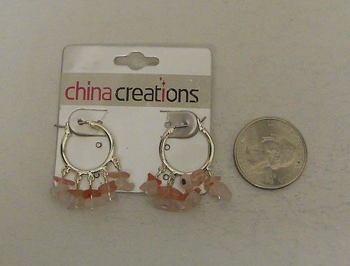 Women Fashion Hoop Earrings Silver Tones Pink Beads CHINA CREATIONS Leverback