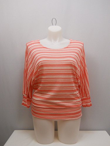 PLUS SIZE 1XL 2XL 3XL Womens Crochet Top ZENOBIA Sheer Coral Striped Dolman Slee