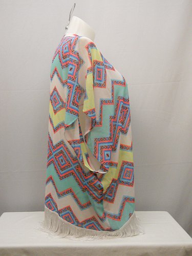 Womens Swimsuit Cover Up SIZE XL Wrap OP Sheer Zigzag Kimono Sleeves Fringed