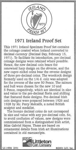 1971 Ireland 6 Coin Single Page C.O.A. And Document Set~Free Shipping