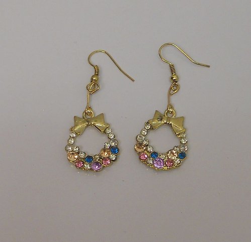 Women Drop Dangle Fashion Earrings Rhinestone Wreath Gold Tones Hook Fasteners