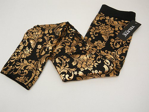 Women Leggings ONE SIZE Black Paisley Gold Foil Skinny Leg Inseam 30 YELETE