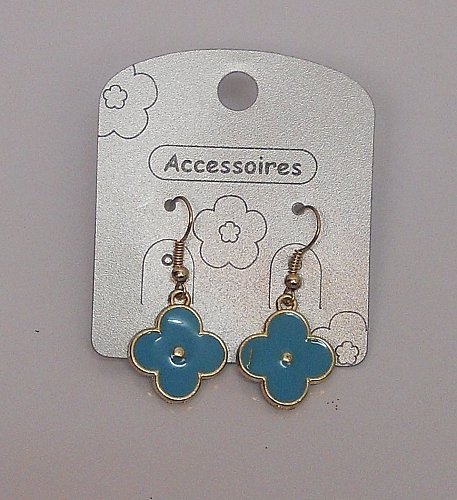 Women Earrings Fashion Drop Dangle Blue Flowers Silver Tones Hook Fasteners