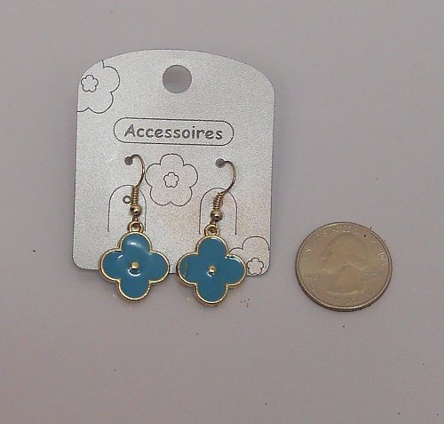 Women Earrings Fashion Drop Dangle Blue Flowers Silver Tones Hook Fasteners