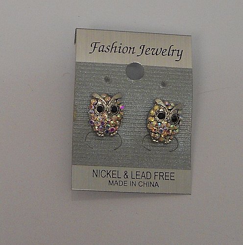 Women Fashion Stud Earrings Owls Rhinestones Silver Tones Push Back Fasteners