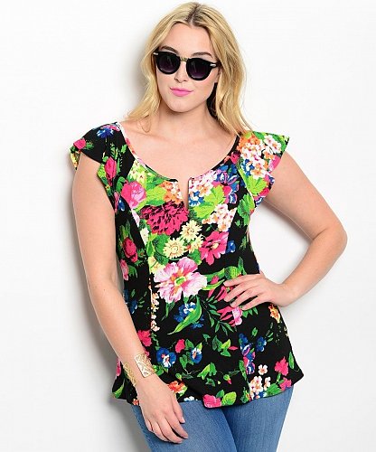 Womens Top Size 2XL 3XL VIVA YOU BlackFloral Cap Sleeves Scoop Neck Fitted Waist