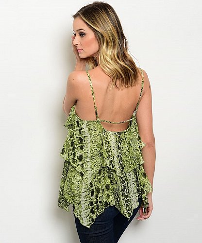 Women Top Gypsy Boho Handkerchief Hem Animal Green SIZE S Bohemian