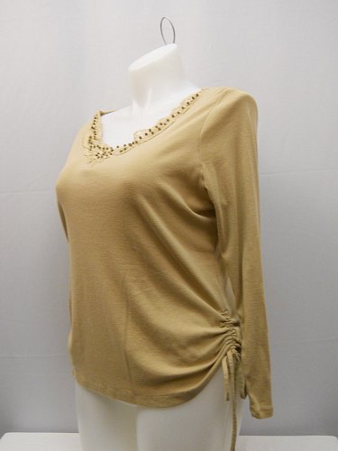 Womens Knit Top PLUS SIZE 2X Long Sleeve Embellished V Neck Taupe
