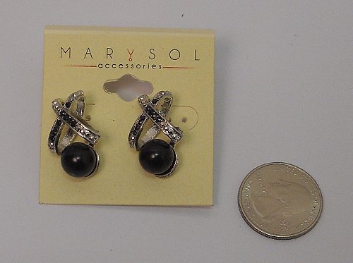 Women Stud Earrings Fashion Black Beads Silver Tones Push Back Fasteners MARYSOL