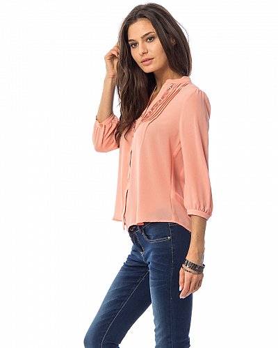 Women Sheer Top SIZE L Solid Coral Lace Trim Button Down Front V-Neck ¾ Sleeves