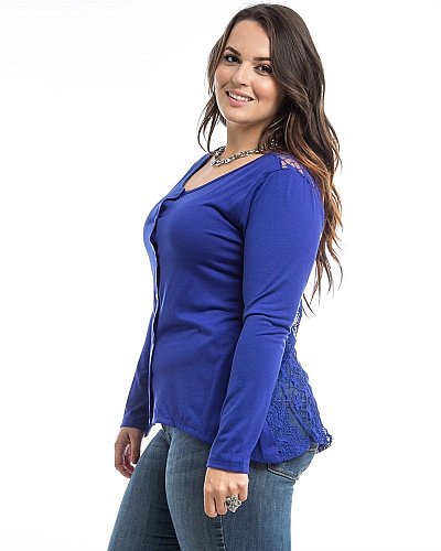 Women Knit Top Solid Blue PLUS SIZE 2X Crotched Lace Back Long Sleeves ROMAN