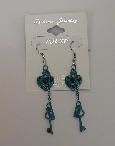 Women Earrings Green Hearts Key Lock Rhinestones Fashion Drop Dangle Hook Fasten