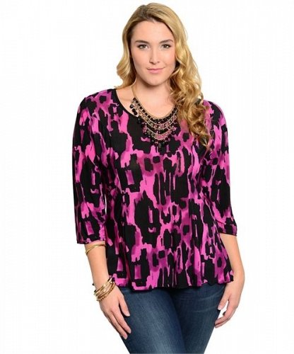 PLUS SIZE 3XL Women Kint Top HOT GINGER Purple Geometric 3/4 Sleeves Scoop Neck