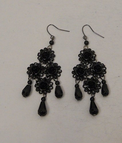 Women Fashion Drop Dangle Earrings Black Flowers Beads BIRCH HILL Hook