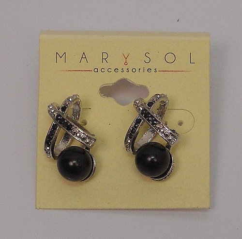 Women Stud Earrings Fashion Black Beads Silver Tones Push Back Fasteners MARYSOL