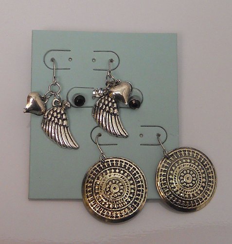 Women Earrings 3 Pair Fashion Drop Dangle Wing Charms Rhinestones Silver Tones