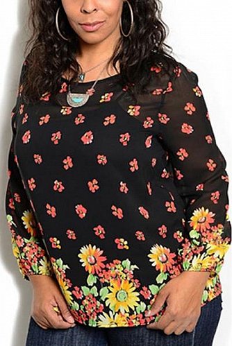 Womens Tunic Top Sheer Black Floral Chiffon Long Sleeve PLUS SIZE XL 2XL 3XL