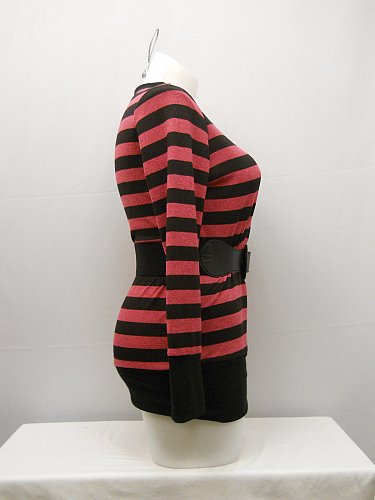 PLUS SIZE 1X Womens Sweater EYE CANDY Pink Striped Belted V Neck Snug Fitting