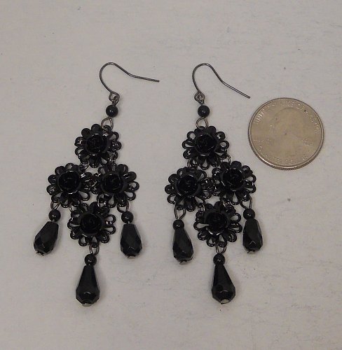 Women Fashion Drop Dangle Earrings Black Flowers Beads BIRCH HILL Hook