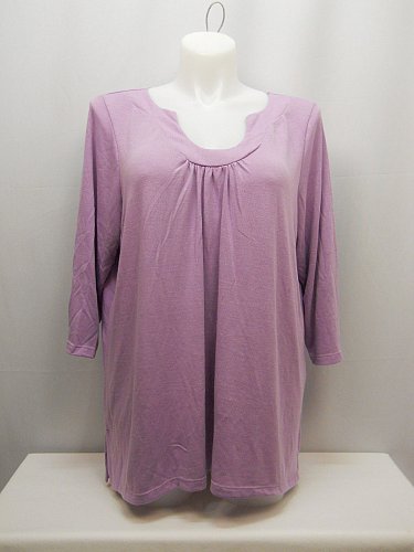 PLUS SIZE 2X Women Knit Top Solid Lilac Pleated U-Neck ¾ Sleeves SUZIE CONTURE